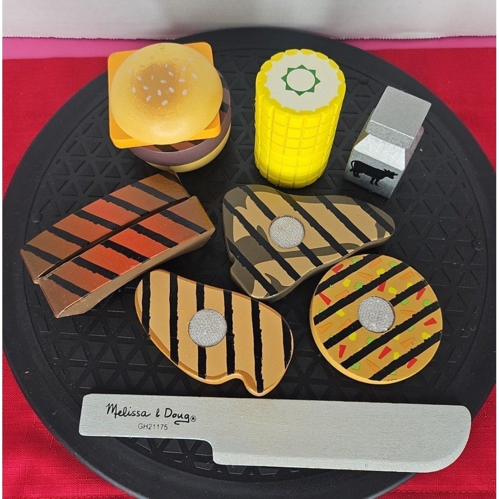 Melissa & Doug BBQ Grill 13 Pc Hamburger Steak Ribs Corn Cob Hot‎ Dog Wooden Cut